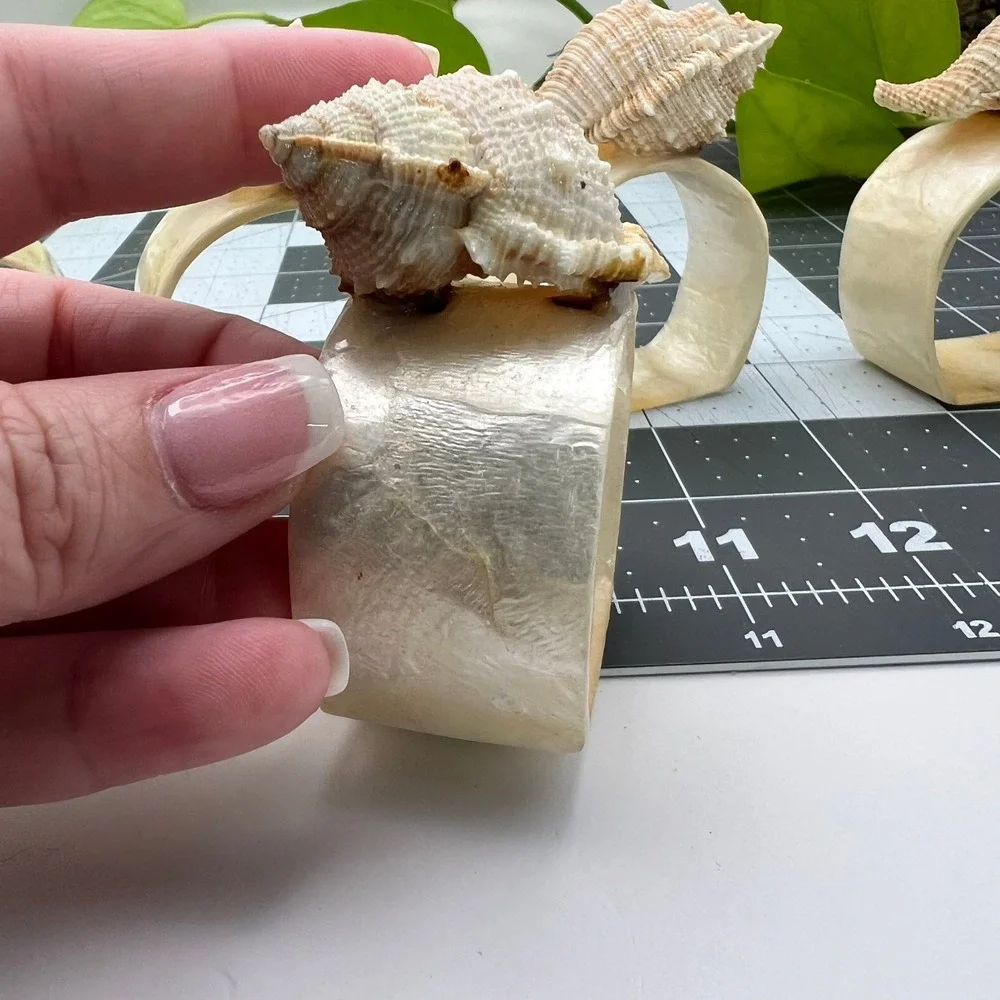 Vintage Mother Of Pearl Natural Sea Shell Napkin Ring Set(6) 1970s Retro Beach